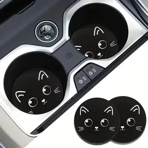 2pcs Cute Big Eyes Black Cat Pattern Car Coaster Cup Holder for Women Lady Absorbent Drink Coaster Perfect for SUV Accessories Or Any Vehicle Girly Car Accessories