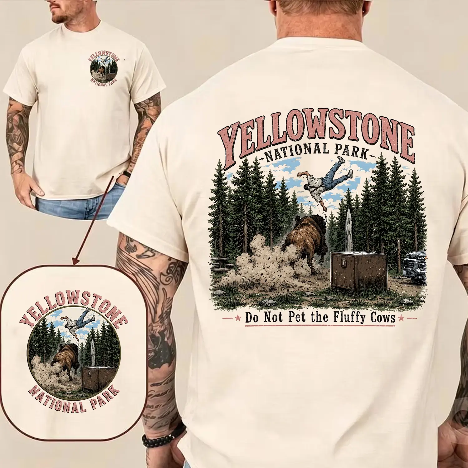 Comfort Colors Yellowstone National Park 2 Sides Shirt|  Do Not Pet The Fluffy Cows | Bison, Mountains & Trees Nature | Yellowstone National Park Bison Toss Incident
