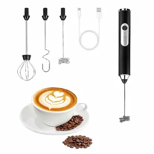 Milk Frother Handheld Rechargeable, Coffee Frother Wand with 3 Detachable Stainless Steel Whisk Heads, Hand Electric Mixer for Latte, Matcha, Cappuccino, Protein (Black)