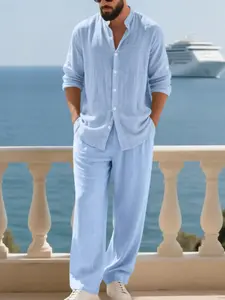 Men’s solid-color shirt and pants set featuring a stand-collar shirt paired with straight-leg pants—casual fashion suitable for outdoor beach vacations.