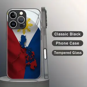 A stylish and creative phone case featuring a simple design of the Philippine flag and map pattern, made of black tempered glass, suitable for iPhone 17, 16, 15, 14, 13, 12, 11 Plus Pro Max