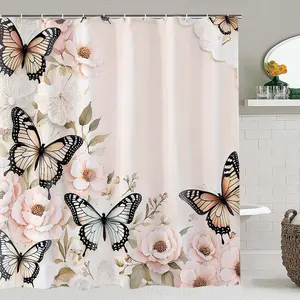 Christmas Butterfly & Floral Pattern Shower Curtain Set, Waterproof Bathroom Decor, Includes Bath Mat, Toilet Lid Cover, U-Shaped Tray, Decoration, Flower