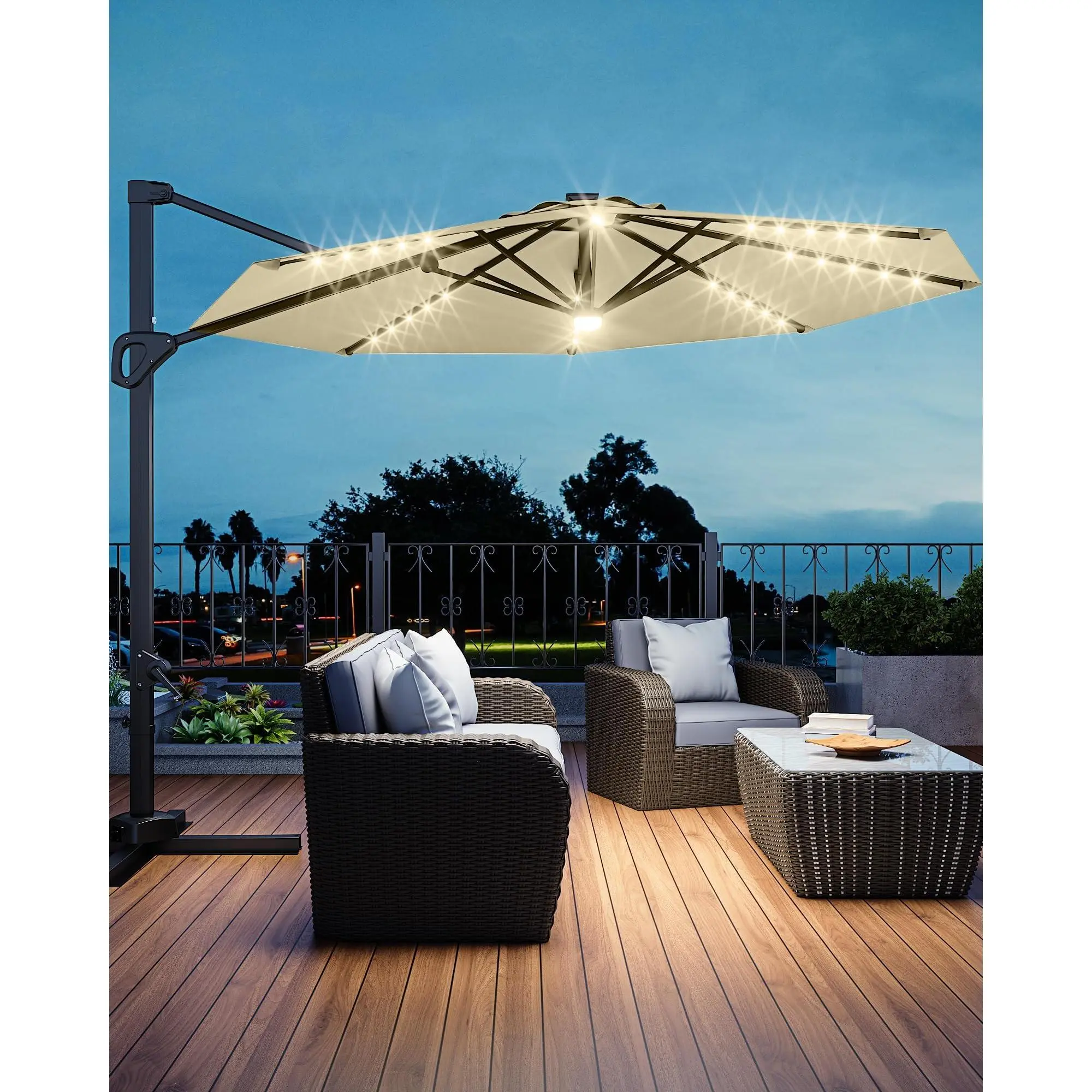 10FT Tan Patio Umbrella Outdoor Solar LED Large Cantilever Umbrella Market Sun Shade Windproof Offset Umbrella with 360-Degree Rotation for Garden Deck Pool Patio