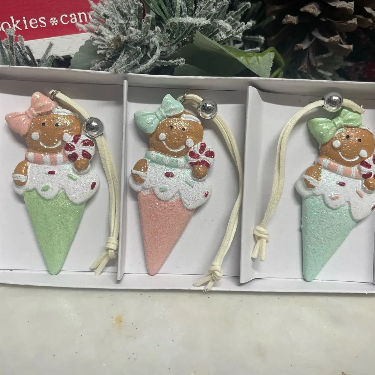 Candy Land Theme Decor - Set of 3 Sparkly Gingerbread Boy and Girl Christmas Tree Ornaments with Adjustable Silver Balls and Leather String Holders