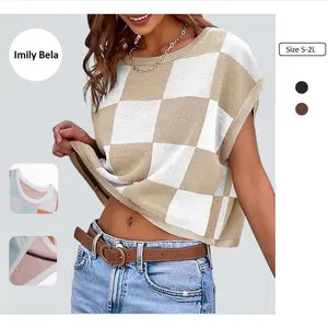 Imily Bela Womens Cap Sleeve Crop Tops Summer Color Block Going Out Crew Neck Knit Trendy Casual Sweater in Brown & Beige