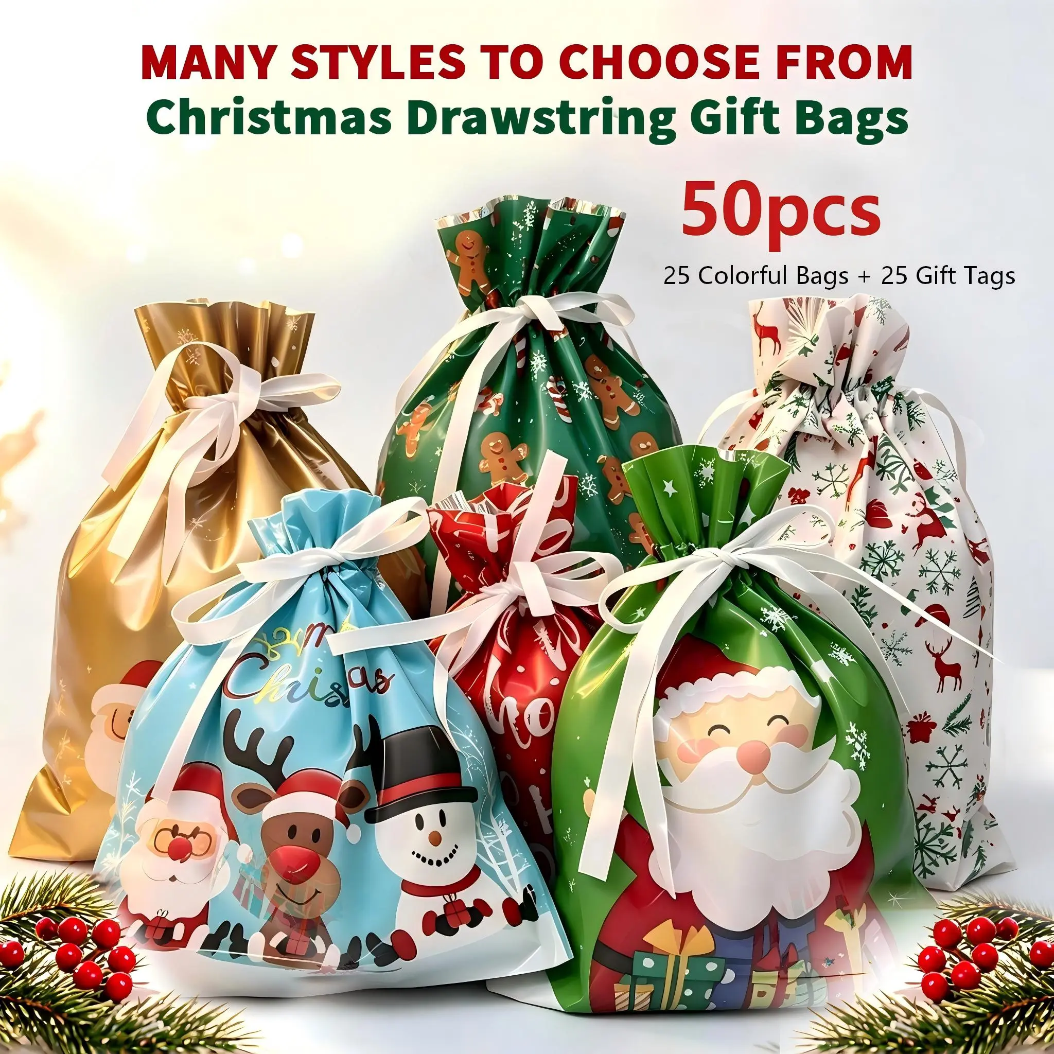 Christmas Gift Bags, 25 Gift Bags + 25 Gift Tags (50 PCS Set), Drawstring Gift Bags in 2 Sizes, Festive Holiday Wrapping Bags, Goodie Bags & Christmas Party Favor Bags for Kids, Santa & Snowflake Designs