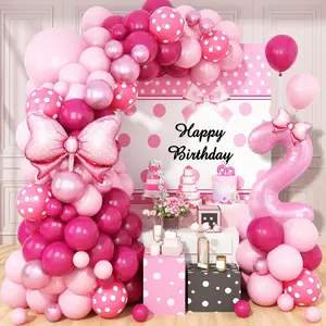 Pink 2nd Birthday Balloons Decorations, Hot Pink Rose Polka Dots Balloons Arch Kit, Huge Bow Foil Balloon, pink Number 2 Balloon Tower for Baby Shower Girls Princess 2nd Theme Party