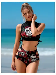 Bikini Set for Women High-Stretch Skull & Rose Print - Two Piece Swimsuit Sexy Beachwear Bathing Suit for Teens Girls, Adjustable Straps, Quick-Dry