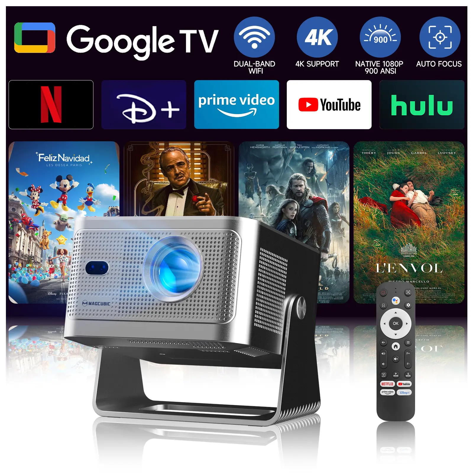 [Google TV stick Bundled] Magcubic HY350GT Projector with Officially Certificated Google TV Google Voice Assistant 900ANSI Dolby Audio(Dongle support) Auto Focus 4K Decode Built-in 15W speaker HDR10+ BT5.1 Dual WiFi Native 1080P #TikTokShopBackToSchool