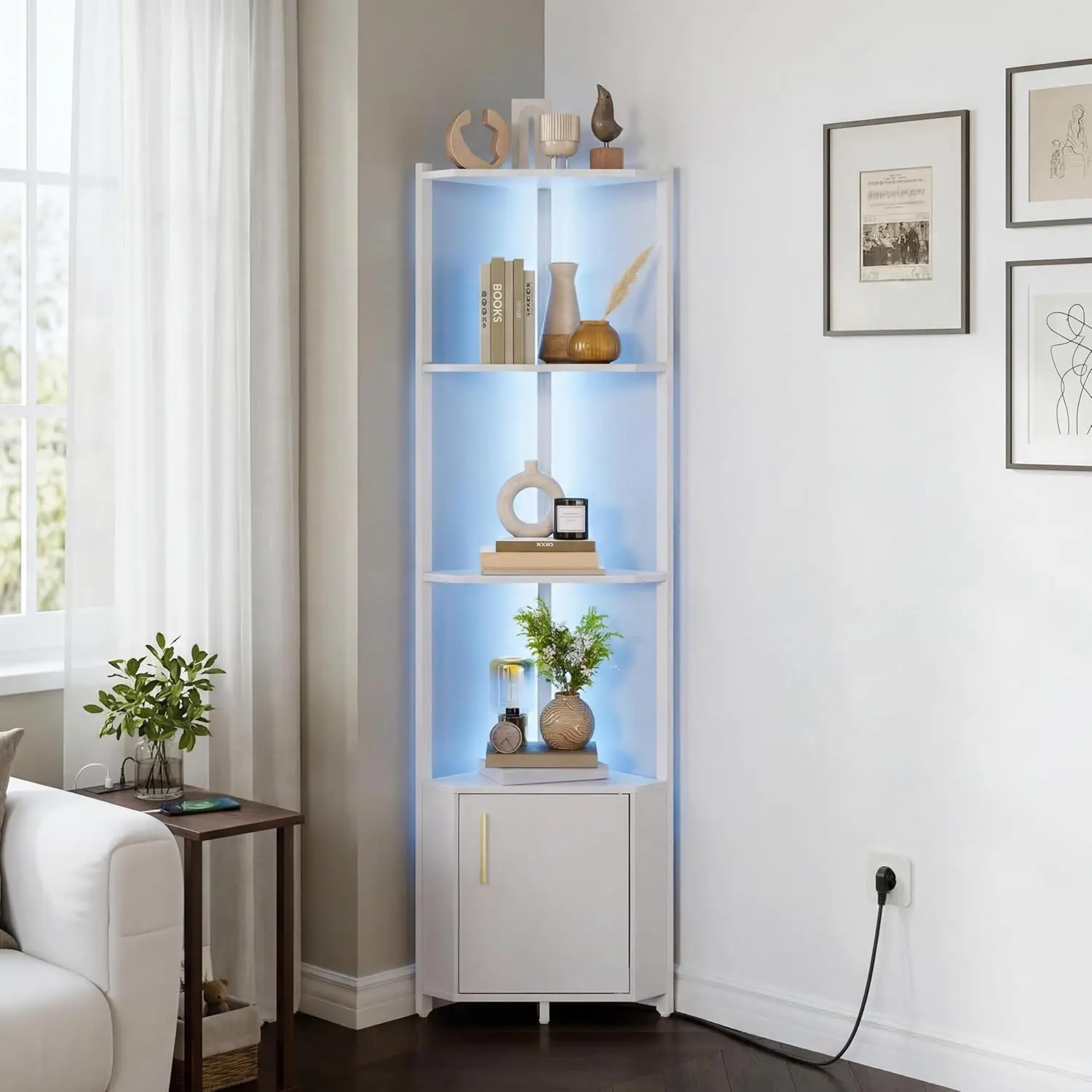 Garvee Durable 5-Tier White LED Corner Shelf Stand - 58”Tall Narrow Metal Frame Bookshelf, Easy-Assembly Home Storage Cabinet, Decorative Organizer & Room Accessories for Living Room