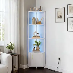 5-Tier Corner Shelf Stand with LED Lights, 58”Tall Metal Frame Narrow Bookshelf with Storage Rack, Easy Assembly Display Shelf for Wall Corner, Bedroom, Living Room, White
