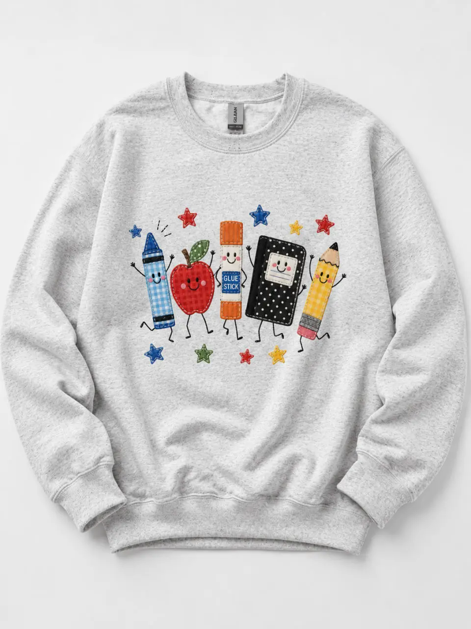 ( FAUX PATCHWORK-PRINT ) Back to School Sweatshirt or Tshirt, Apple Pencil Notebook Graphic Shirt, Doodle School Teacher Sweater, Cute Teacher Gift, Teacher Gildan Crewneck - TrendWear USA Grey Grey