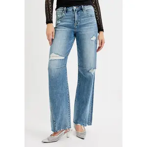 RISEN Full Size Mid Rise Fit Wide Baggy Leg Tie Washed Jeans Plus Size