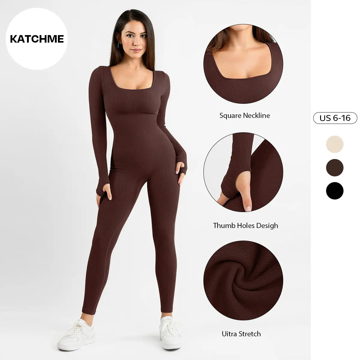KatchMe Womenswear Solid Color U Neck Seamless Shaping Jumpsuit-CC,Thumb Holes Design Jumpsuit,Slim-Fitting Stretchy Tummy Control Shapewear