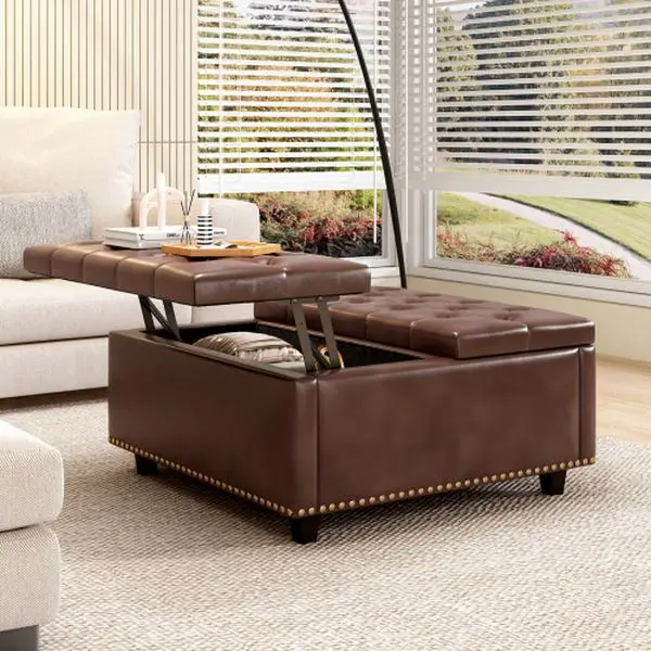 Large Square Storage Stool with Two Storage Doors, Footrest for Living Room   Mid-Century Modern Coffee Table with Nailhead Inlay, Brown PU Leather
