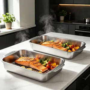 Set of 2 Extra Large Stainless Steel BakingPans with Lids -Non-Stick Thick-BottomedRectangular Oven TraysforDesserts Breadand Seafood Perfect for GrillingandBuffetServing Spacious Design Non-StickSurface OvenSafeBaking Pans Mother's DayGift