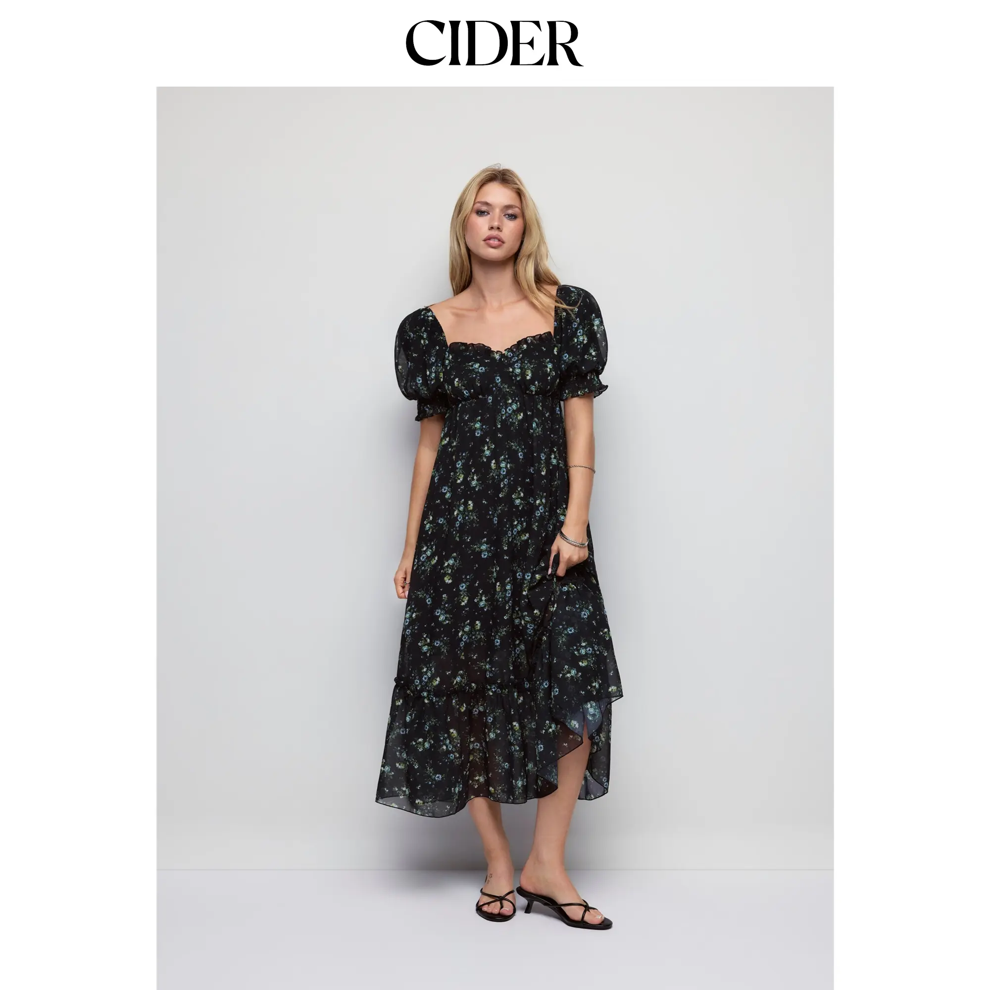 Cider Chiffon Floral Sweetheart Puff Sleeve Ruffled Oversized Flared Maxi Dress