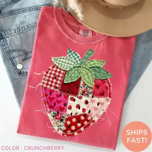 Strawberry Shirt, Patchwork Quilted Farmhouse Berry Tee, Rustic Gingham Floral Cottagecore Aesthetic, Vintage PRINT Comfort Color Shirt
