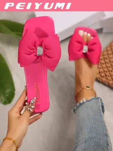 French Romantic Rhinestone Bow Square Toe Sandals, Soft Sole, Casual Open Toe Flat Shoes for Daily Wear and Vacation