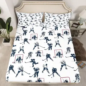 Ice Hockey Bed Sheet Set Twin Full Queen Size,Sports Event Bedding Set,Hockey Player Fitted Sheet Bedroom Decor Winter Sports Hockey Puck Bed Cover, Bedding Sets For Hockey Lovers, Bedsheet Sets For Sports Fans