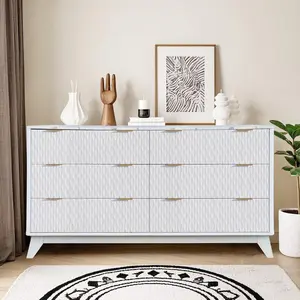 White Diamond-Fluted Drawer Dresser with Marble Top - 54in Wavy Textured Wood Dresser 6 Drawers Dresser for Bedroom Modern Storage Organizer for Homeowners and Interior Designers-White