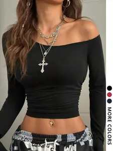 Women's Crop Tee, Casual Long Sleeve T-shirt for Summer, Fashion Women's Top for Daily Wear