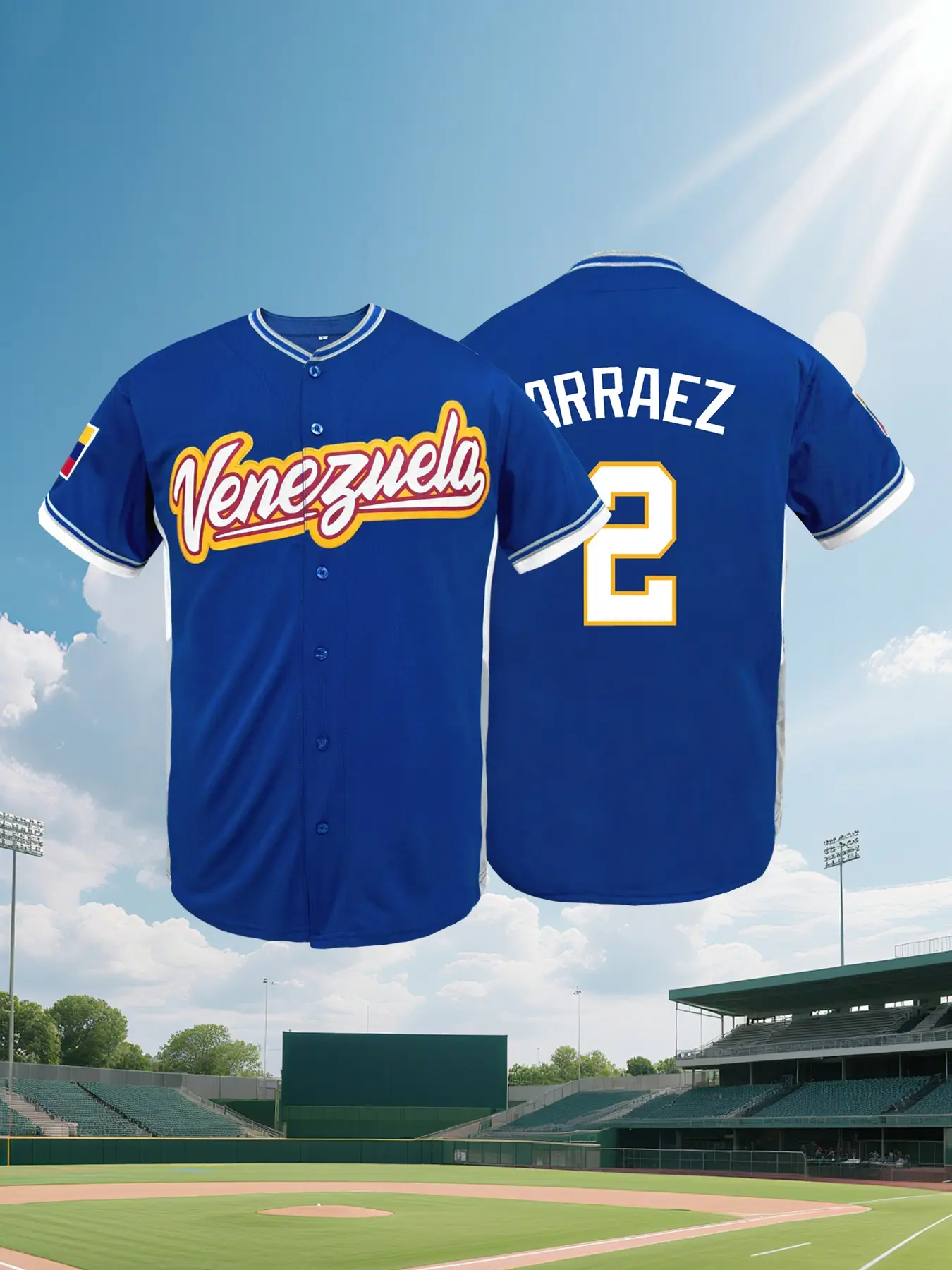 Men's Casual Baseball Jersey, Jersey Tops, Venezuela Letter & Number Embroidered Short Sleeve Baseball Shirt Button Down Sports Uniform, Breathable Fashion Top for Baseball Fans Gift, Sportswear for Summer