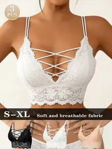 3pcs Ultra-Breathable Summer Lace Bra | Feather-Light Wire-Free Bralette, Soft Lace with Criss-Cross Back, No More Summer Heat