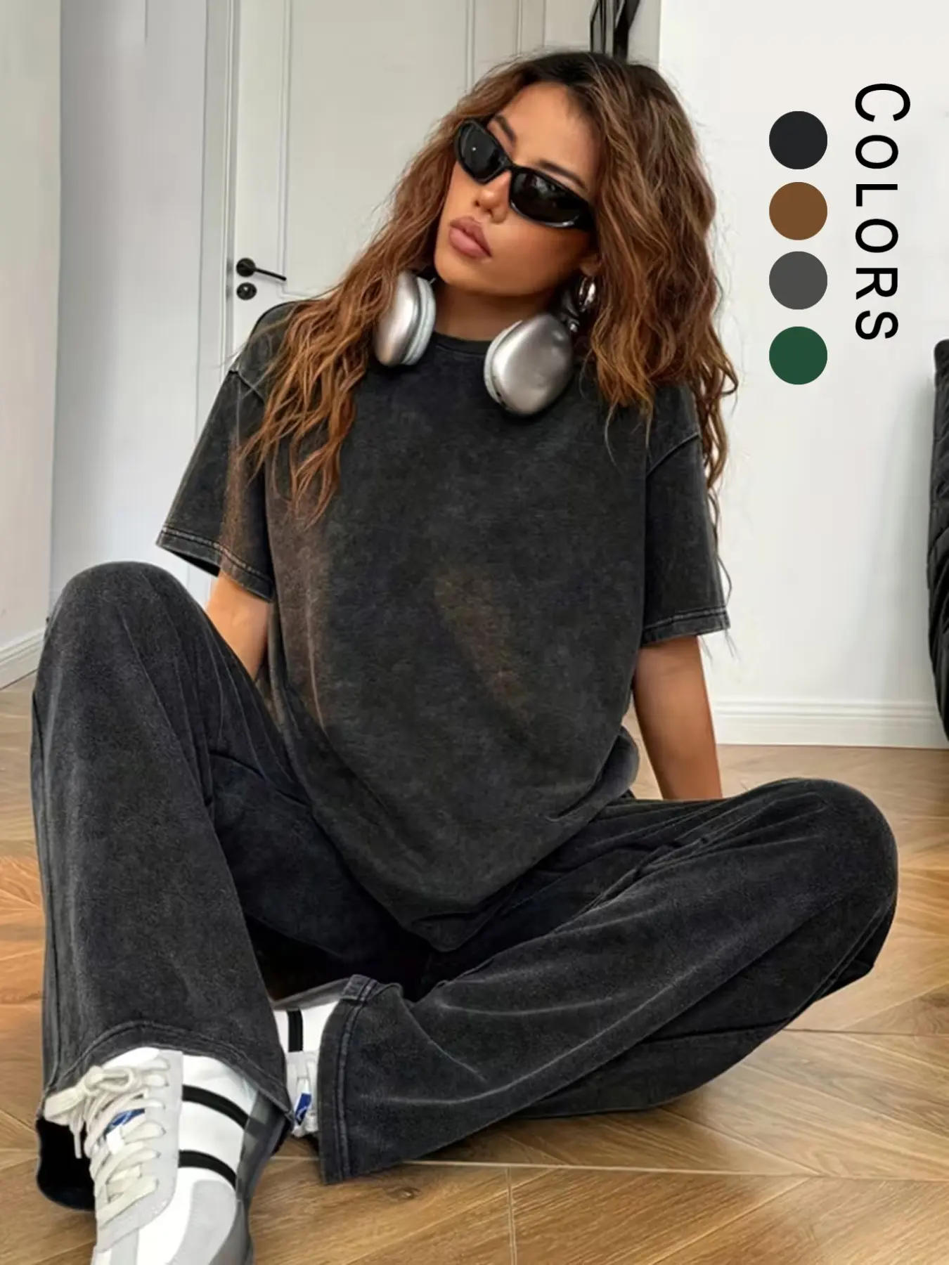 Women's Vintage Washed Sportswear Set, Athleisure Activewear Set, Activewear Clothing, Elegant Summer Casual Sporty Round Neck Loose Short Sleeve Top & Long Pants, Ideal for Daily Commute, Athleisure Outfit