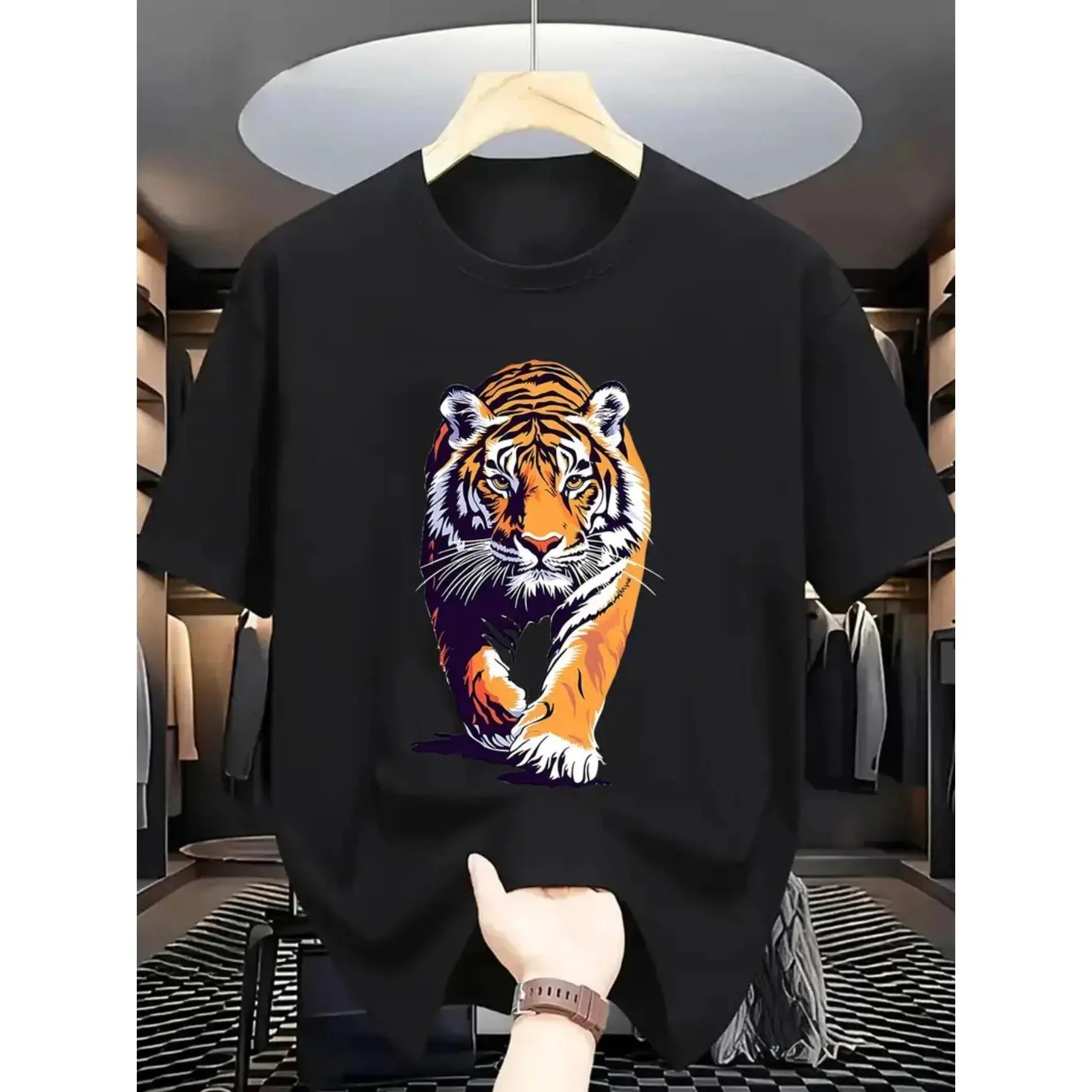 Tiger pattern t-shirt, handsome, cool, unisex, men's round neck street style summer and spring, Casual, clothing, simple yet trendy, party and outdoor activities, festivals, gifts for him