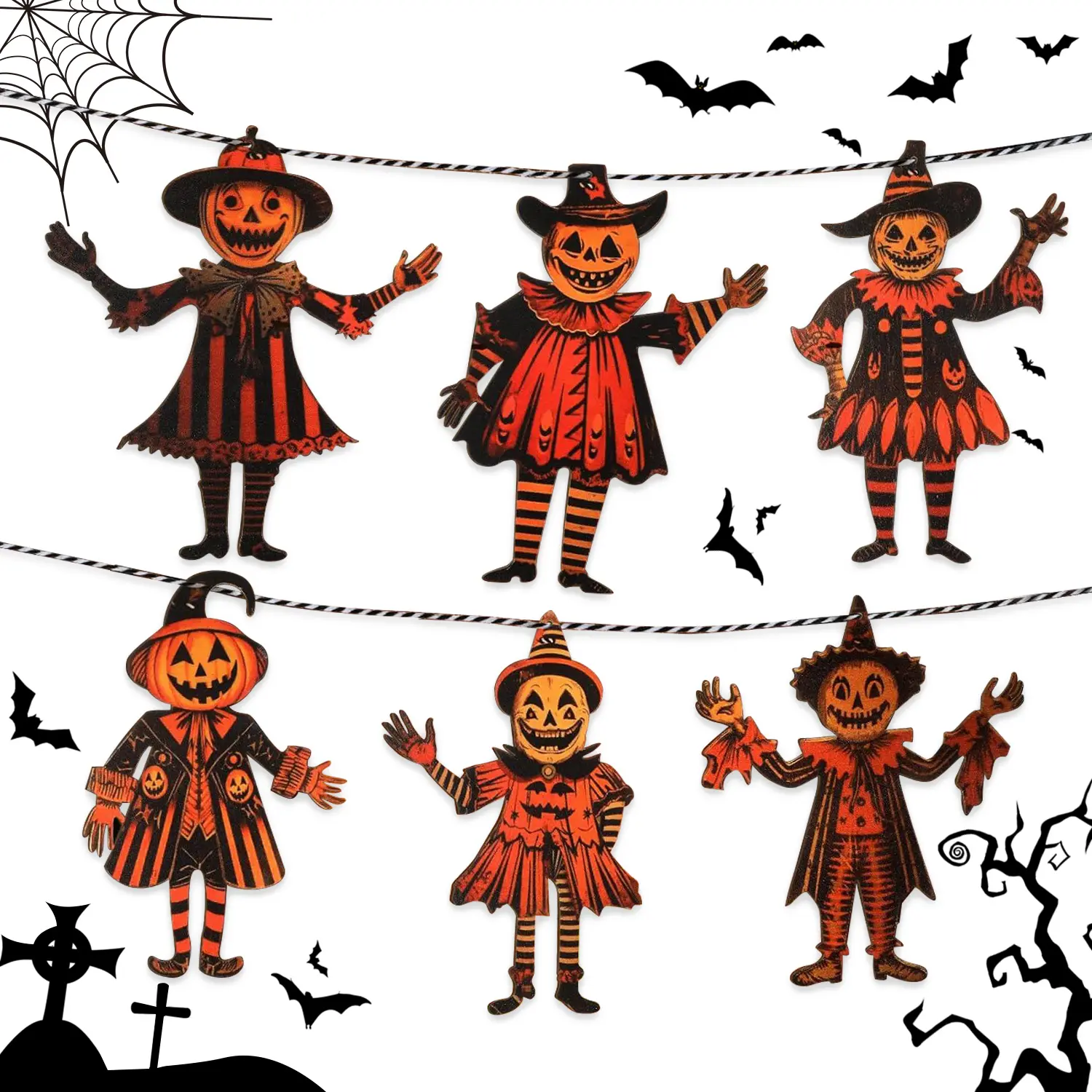 6PCS 5.9in Halloween Vintage Wooden Garland Set - Durable Spooky Tall Pumpkin Hanging Decor, Home Party Decorations, Event Props, Wall Decor with Rustic Wood Charm & Odorfree Setup