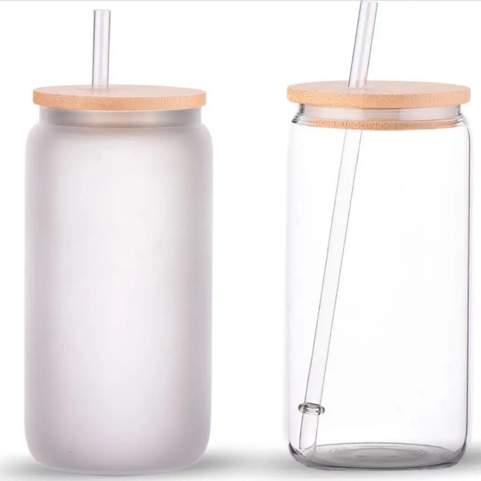 Clear / Frosted 16 oz Glass Cup with bamboo lid and straw