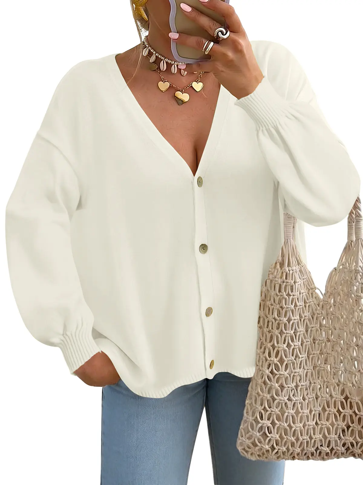 FireSwan Cardigan Sweater 2026 Summer New Style Loose Fit V-neck Commuting Solid Color Knit
