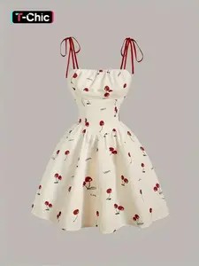 Elegant Cherry Print Halter Dress, Cute Backless Ruched Bustier, Stylish Necktie Detail, Perfect for Casual & Party Wear