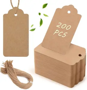 200pcs Gift Tags with String Attached, 1.7 x 2.8 inch Kraft Paper Hang Handmade Tags for Clothes Birthday Wedding Holiday DIY Crafts (Brown Water Ripple