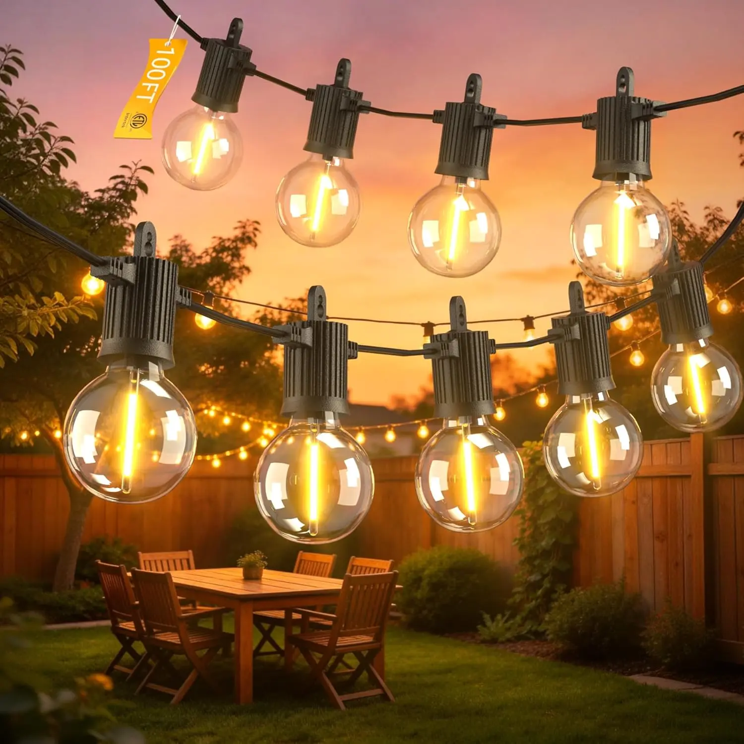 BEATINEON G40 Outdoor LED String Lights - Plastic Bulbs, Waterproof, Shatterproof, Connectable Hanging Lights for Backyard, Bistro, Porch (50/100/150FT)