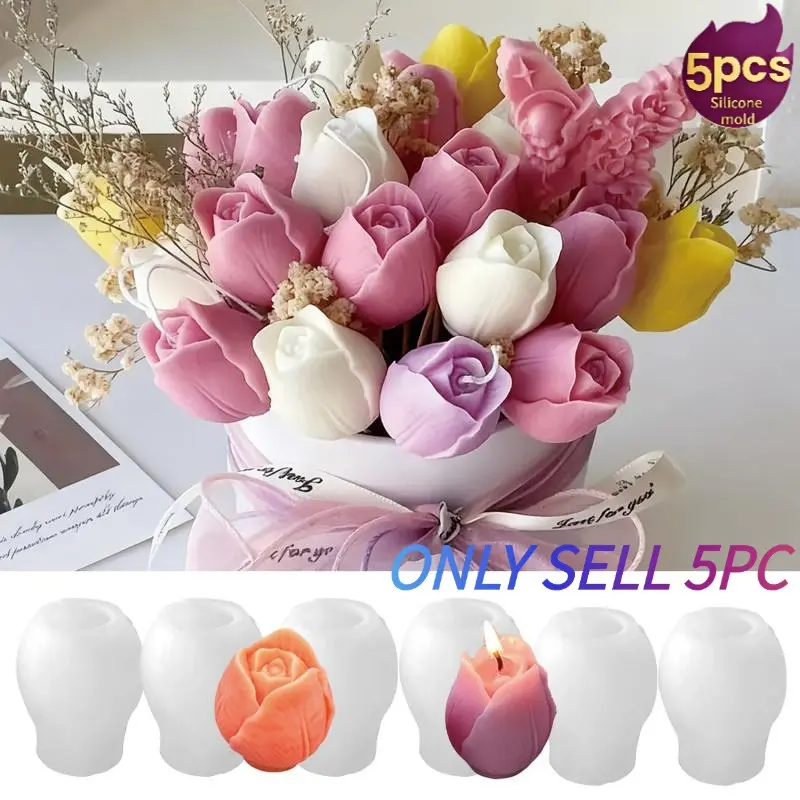 A set of 5 tulip shaped molds made of heat-resistant silicone, perfect for making realistic flower candles, wax art, and wedding and holiday decorations, Molding, Crafts