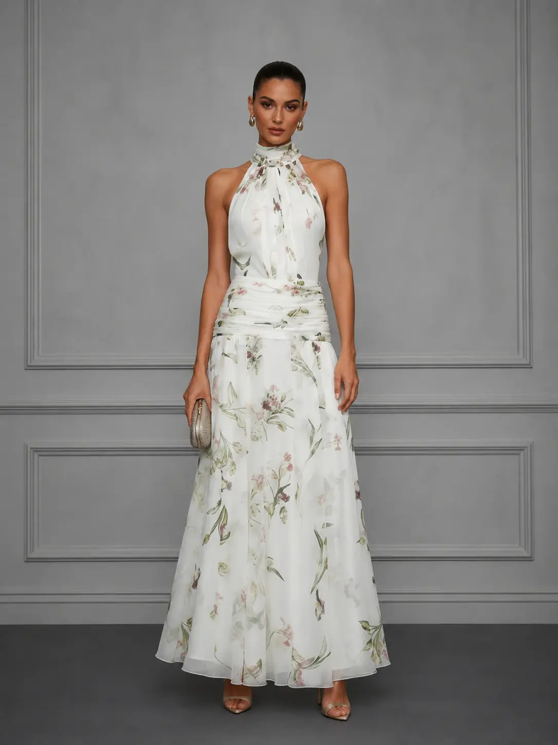 FEHAUTE Women's Floral Chiffon Sleeveless Maxi Dress - Elegant Halter Neck Formal Wear with Ruched Waist, Bow Back, Hand Wash Only, Do Not Tumble Dry for Wedding Guest, Prom Clothes, Do Not Bleach, Long, Zip