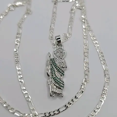 Saint Jude Green Stone Silver Plated Small Pendant Figaro Chain Religious Necklace 18"inches shorter