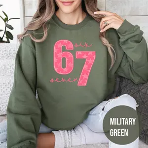 Women's 67 Number Graphic Cotton Sweatshirt - Long Sleeve, Round Neck, Pink Pullover with Bold 67 Design, Hearts & Stars, Soft Stretch Knit, Cute Casual Everyday Style Top