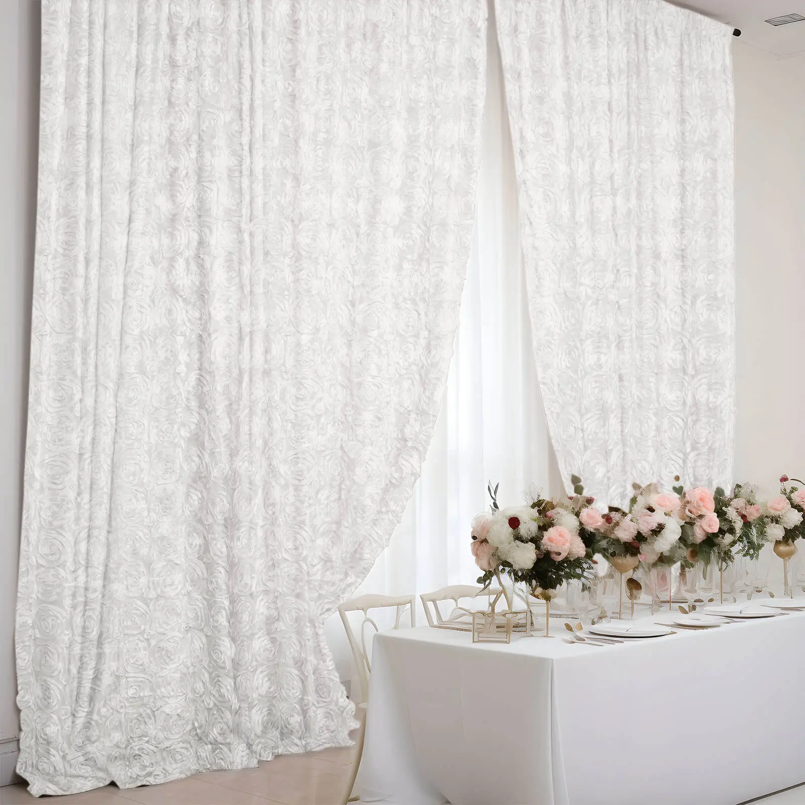8ftx8ft White Satin Rosette Backdrop Drape Curtain - Backdrops & Banners Decorative Festive, Fabric Festive Option, Photo Booth Event Divider Panel, Fabric Festive Backdrops & Banners