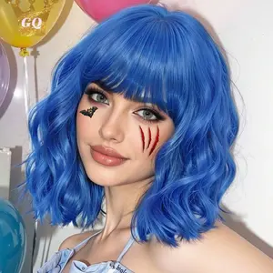 Blue Wig for Women Short Wavy Wigs with Bangs Bob Curly Wig Women's Colorful Wigs Shoulder Length Synthetic Heat Resistant Fiber Wigs for Cosplay Halloween Costume Party