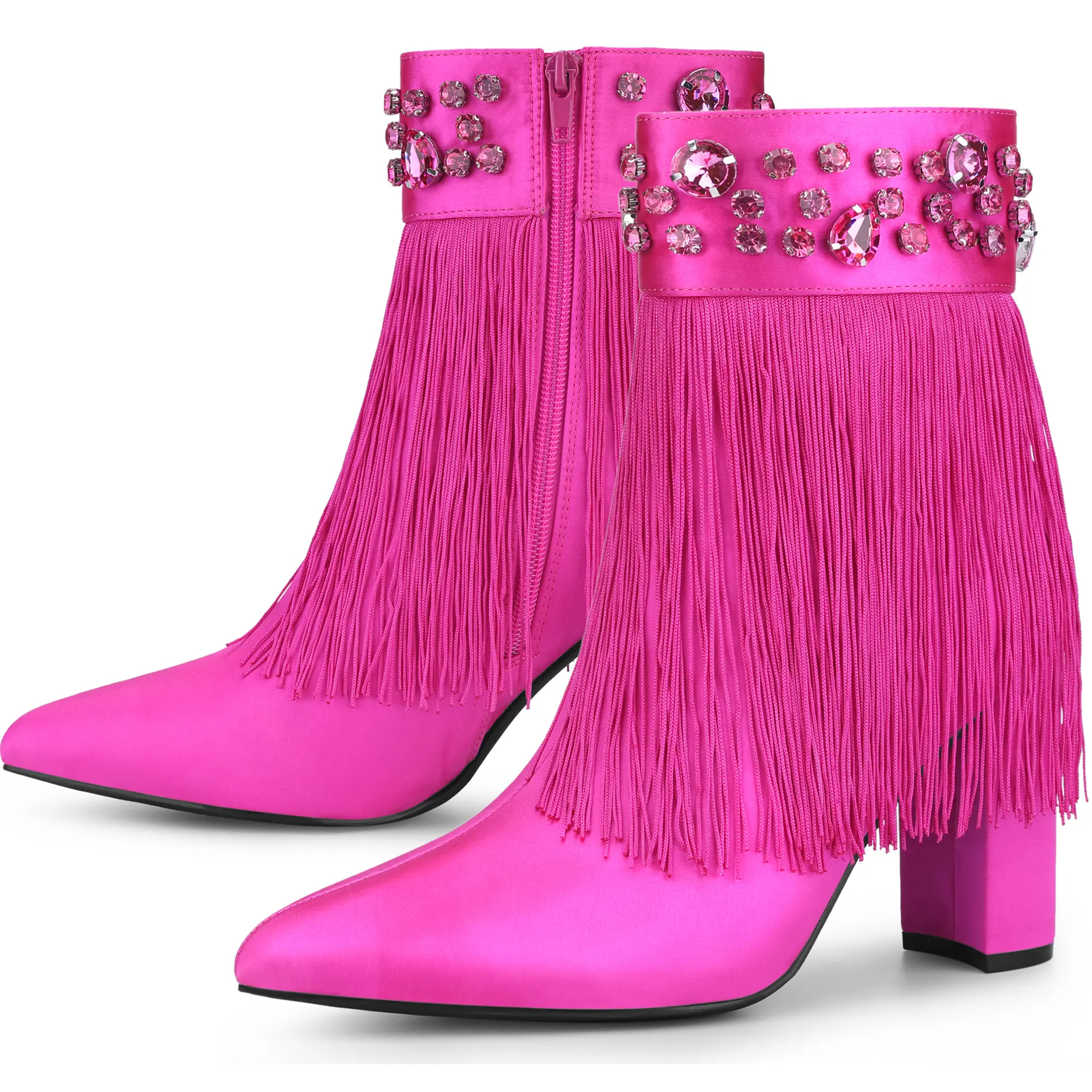 BLISSFUL STEP Pointed Toe Fringe Rhinestone Chunky Heel Ankle Boots for Women
