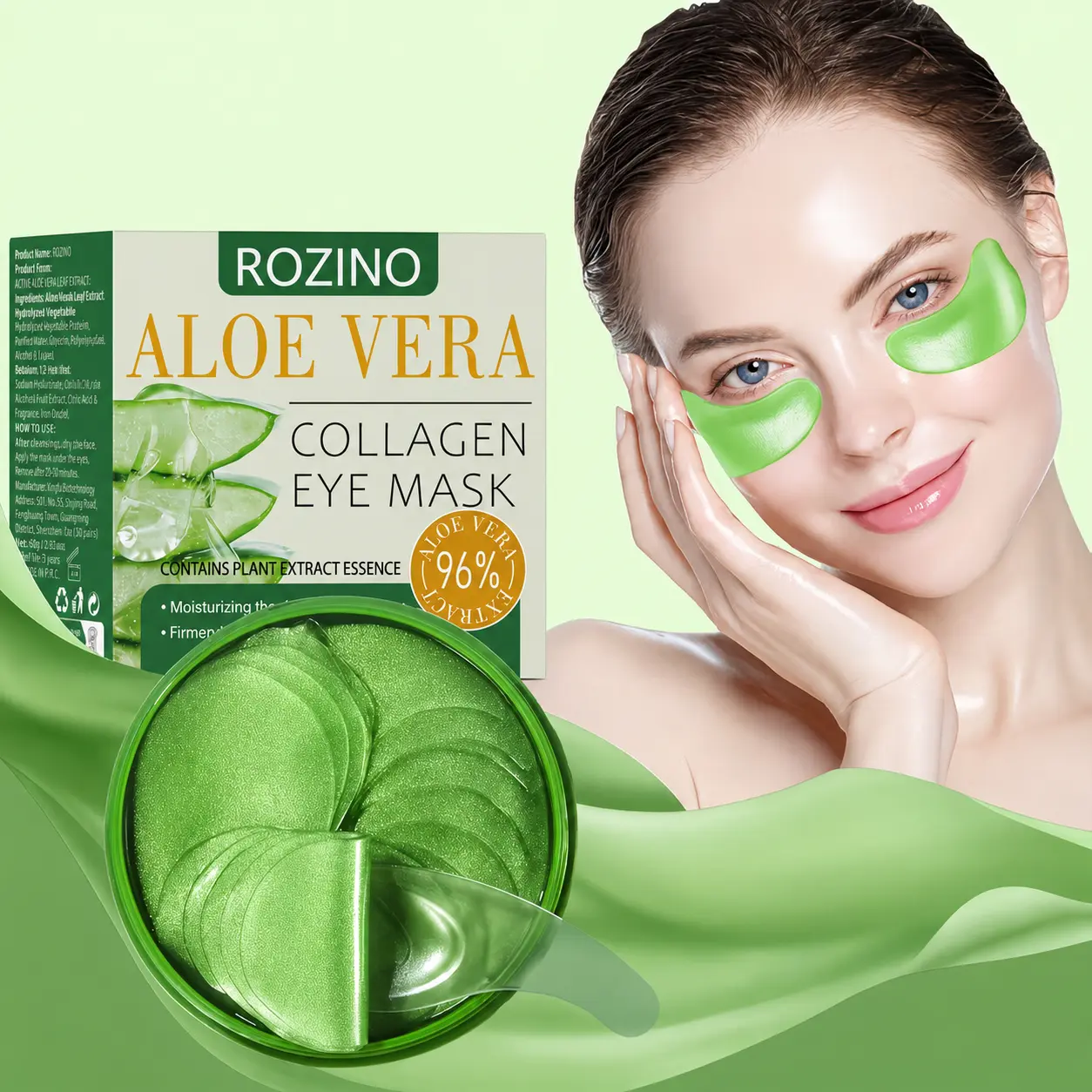 ROZINO Aloe Vera Collagen Under Eye Mask, Hydrating Green Gel Eye Patches for Puffy-Looking Eyes, Moisturizing Skincare Eye Pads, 30 Pairs