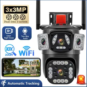 Security Camera, Outdoor Waterproof Wireless Wifi HD Security Camera, Outdoor 3 Lens Security Camera, 6K 9MP, 10X Zoom, 360 PTZ Outdoor WiFi Camera