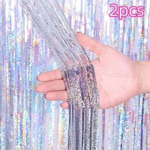 2 Pack Party Streamers with Shiny Silver Foil Curtains, Tassel Backdrop Decorations for New Year Parties, Festive Event Supplies, Shimmer Wall Backdrop