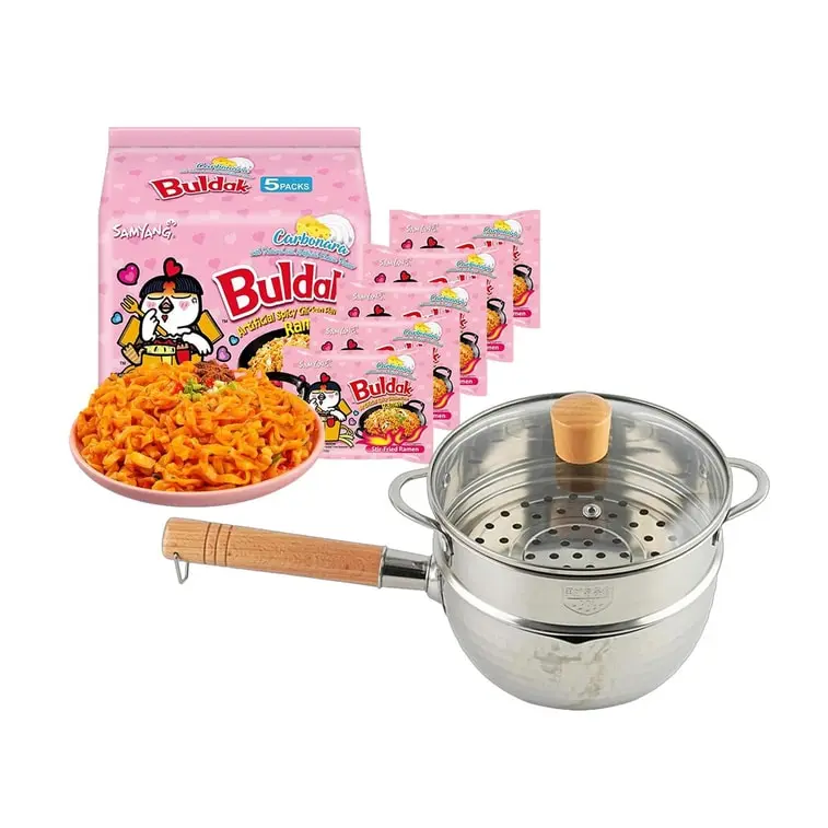 Korean Spicy Ramen Cooking Kit: 5 Packs Carbonara Buldak Noodles + 18cm Yukihira Pot with Lid & Steamer - Perfect for Quick Meals Cookware Stainless Steel Pan