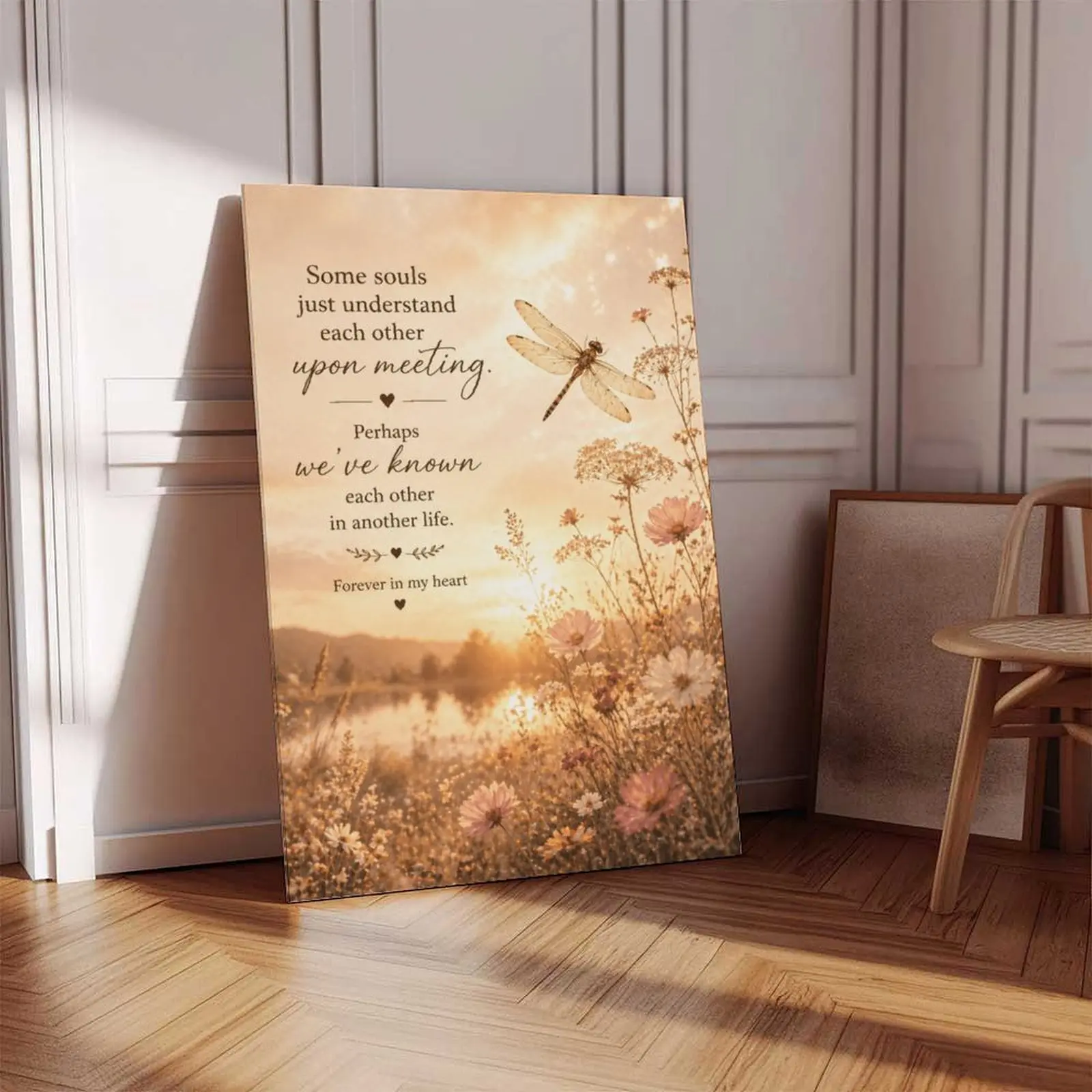 Dragonfly Memorial Canvas Wall Art Inspirational Quote Print Some Souls Just Understand Each Other Sympathy Gift Warm Sunset Floral Wall Decor for Bedroom Living Room