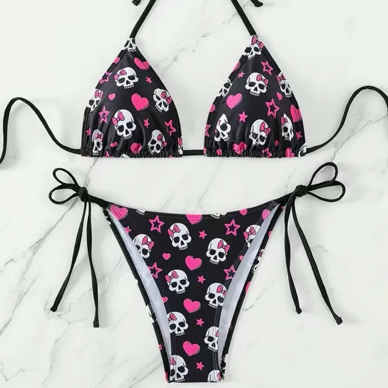 Skull Hearts Bikini Set - Black with Pink Hearts and Skulls, Adjustable Straps, Summer Swimwear for Women
