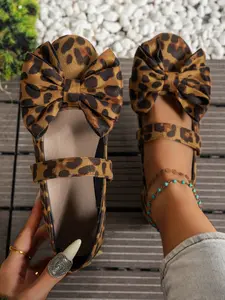 Women's Fashion Flat Shoes Versatile Shoes Leopard Print, Cute Bow Decor, Casual PU Leather, Round Toe, All Seasons, Home, Outdoor, Vacation, Party, Casual Trendy Flat